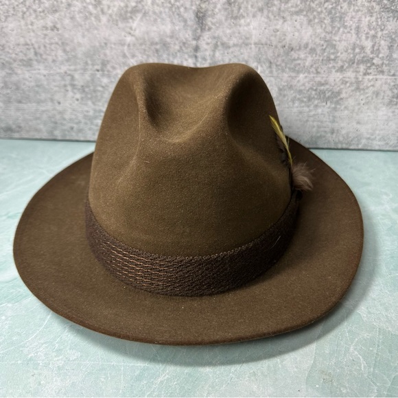 The Imperial Stetson fedora hat in brown with feather in band size 7 or medium - Picture 5 of 9
